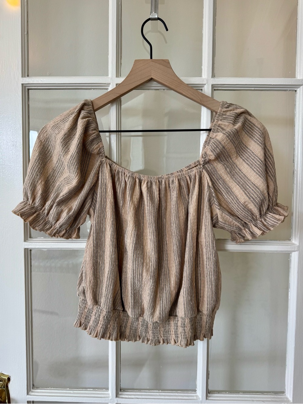 H&M Beige Striped Puff Sleeve Peasant Top - Feminine Nature Tones